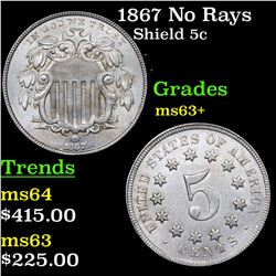 1867 No Rays Shield Nickel 5c Grades Select+ Unc