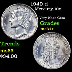 1940-d Mercury Dime 10c Grades Choice+ Unc