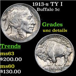 1913-s TY I Buffalo Nickel 5c Grades Unc Details