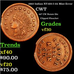 1863 Indian NY-105-I-3A Mint Error Civil War Token 1c Grades vf++