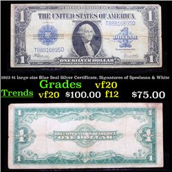 1923 $1 large size Blue Seal Silver Certificate, Signatures of Speelman & White Grades vf, very fine