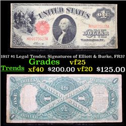 1917 $1 Legal Tender, Signatures of Elliott & Burke, FR37 Grades vf+