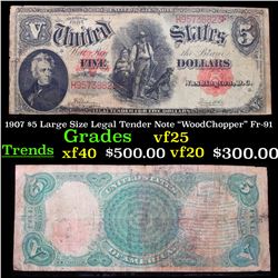 1907 $5 Large Size Legal Tender Note "WoodChopper" Fr-91 Grades vf+