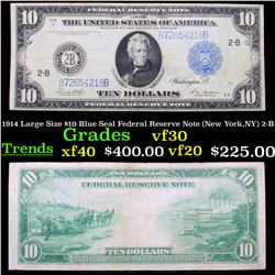 1914 Large Size $10 Blue Seal Federal Reserve Note (New York,NY) 2-B Grades vf++