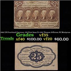 1862 US Fractional Currency 25¢ First Issue Fr-1281 Thomas Jefferson W/ Monigram Grades vf++