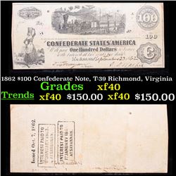 1862 $100 Confederate Note, T-39 Richmond, Virginia Grades xf