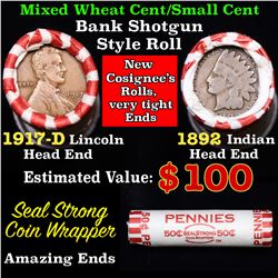 Mixed small cents 1c orig shotgun roll, 1917-d Wheat Cent, 1892 Indian cent other end, Seal Strong W