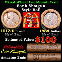 Mixed small cents 1c orig shotgun roll, 1917-d Wheat Cent, 1884 Indian cent other end, McDonalds Wra