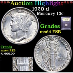***Auction Highlight*** 1920-d Mercury Dime 10c Graded Choice Unc FSB By USCG (fc)