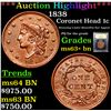 Image 1 : ***Auction Highlight*** 1838 Coronet Head Large Cent 1c Graded Select+ Unc BN By USCG (fc)