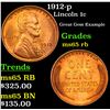 Image 1 : 1912-p Lincoln Cent 1c Grades GEM Unc RB