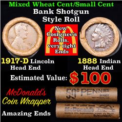 Mixed small cents 1c orig shotgun roll, 1917-d Wheat Cent, 1888 Indian cent other end, McDonalds Wra