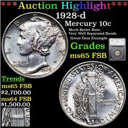 ***Auction Highlight*** 1928-d Mercury Dime 10c Graded ms65 FSB By SEGS (fc)