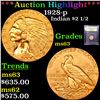 Image 1 : ***Auction Highlight*** 1928-p Gold Indian Quarter Eagle $2 1/2 Graded Select Unc By USCG (fc)
