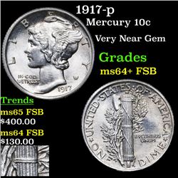 1917-p Mercury Dime 10c Grades Choice Unc+ FSB