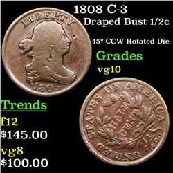 1808 C-3 Draped Bust Half Cent 1/2c Grades vg+