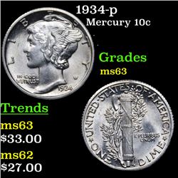 1934-p Mercury Dime 10c Grades Select Unc