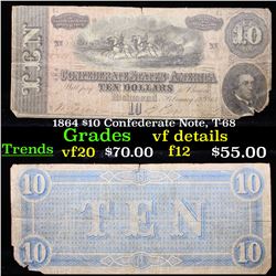 1864 $10 Confederate Note, T-68 Grades vf details