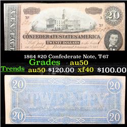 1864 $20 Confederate Note, T-67 Grades AU, Almost Unc
