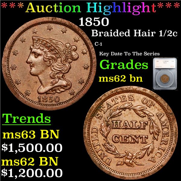 ***Auction Highlight*** 1850 Braided Hair Half Cent 1/2c Graded ms62 bn By SEGS (fc)