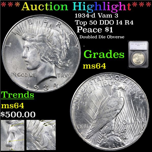 ***Auction Highlight*** 1934-d Vam 3 Top 50 DDO I4 R4 Peace Dollar $1 Graded ms64 By SEGS (fc)