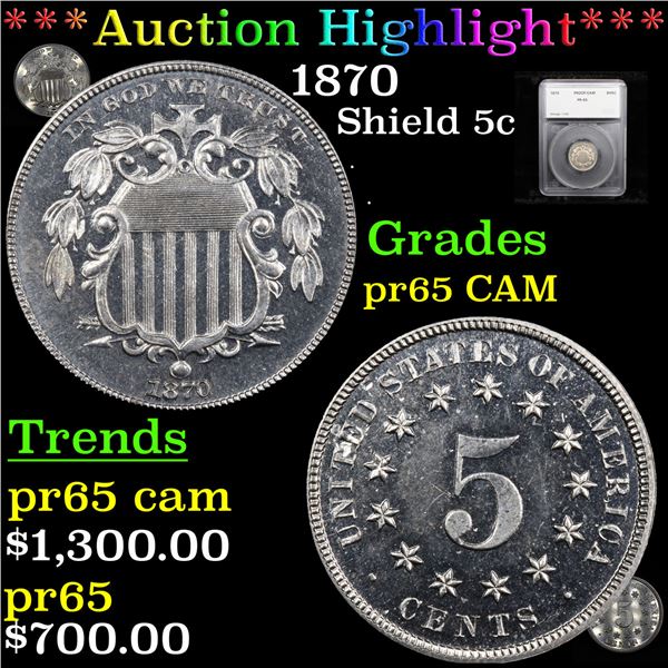 Proof ***Auction Highlight*** 1870 Shield Nickel 5c Graded pr65 CAM By SEGS (fc)