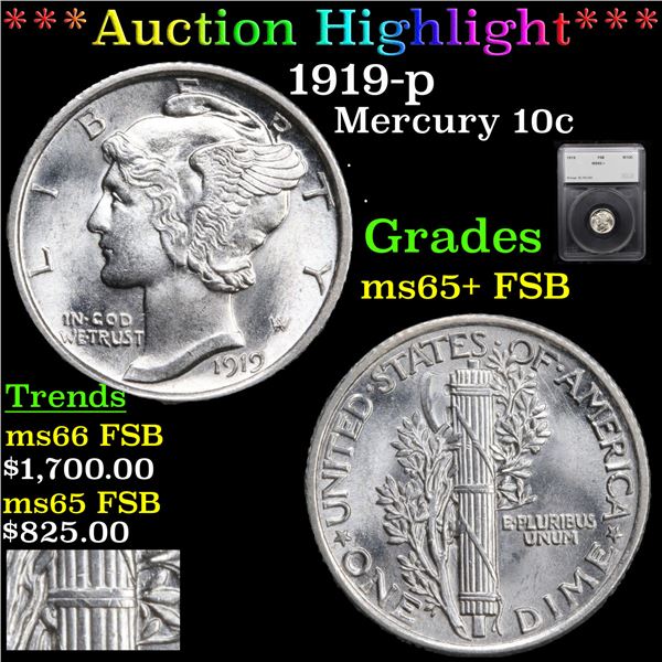 ***Auction Highlight*** 1919-p Mercury Dime 10c Graded ms65+ FSB By SEGS (fc)