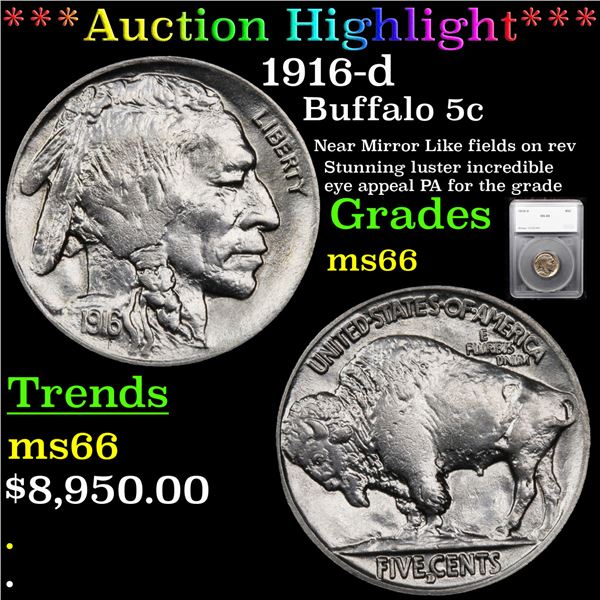 ***Auction Highlight*** 1916-d Buffalo Nickel 5c Graded ms66 By SEGS (fc)