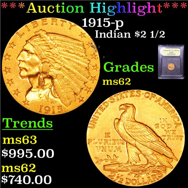 ***Auction Highlight*** 1915-p Gold Indian Quarter Eagle $2 1/2 Graded Select Unc By USCG (fc)