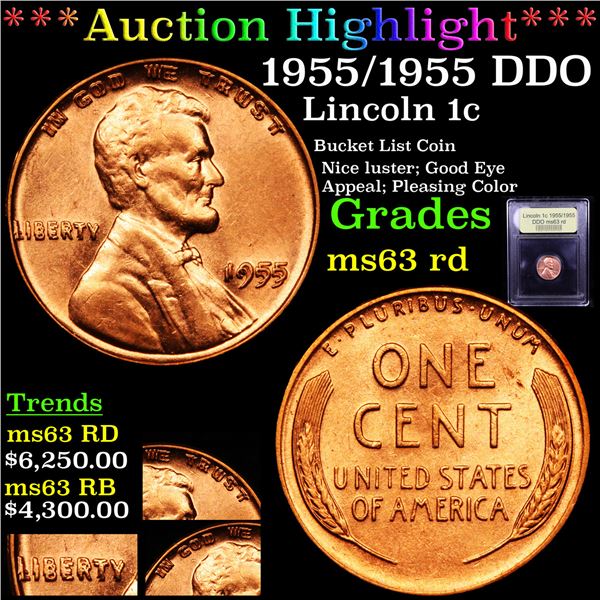 ***Auction Highlight*** 1955/1955 DDO Lincoln Cent 1c Graded Select Unc RD By USCG (fc)