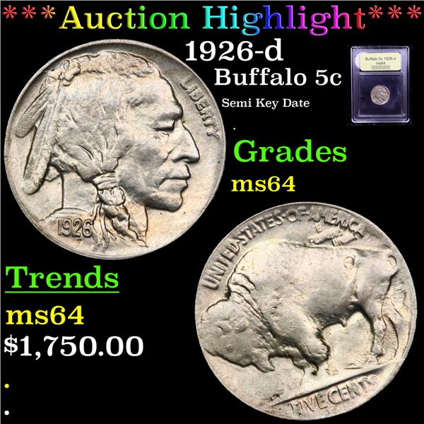 ***Auction Highlight*** 1926-d Buffalo Nickel 5c Graded Choice Unc By USCG (fc)