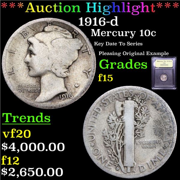 ***Auction Highlight*** 1916-d Mercury Dime 10c Graded f+ By USCG (fc)