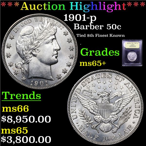 ***Auction Highlight*** 1901-p Barber Half Dollars 50c Graded GEM+ Unc By USCG (fc)