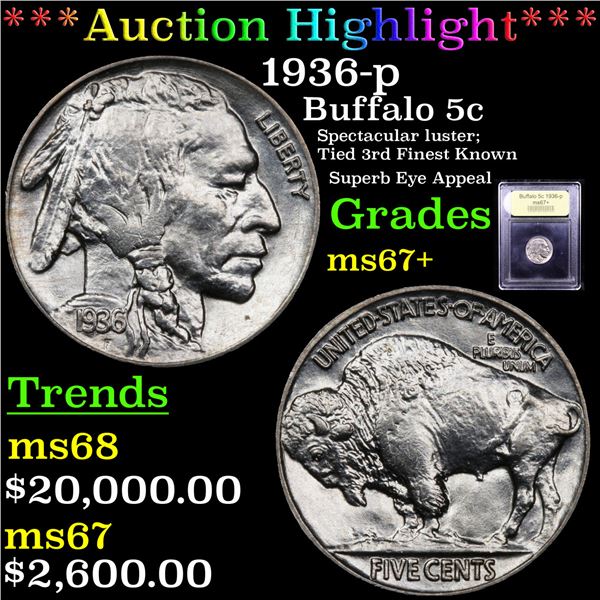 ***Auction Highlight*** 1936-p Buffalo Nickel 5c Graded Gem++ Unc By USCG (fc)