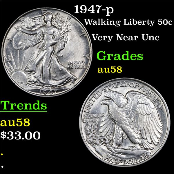 1947-p Walking Liberty Half Dollar 50c Grades Choice AU/BU Slider