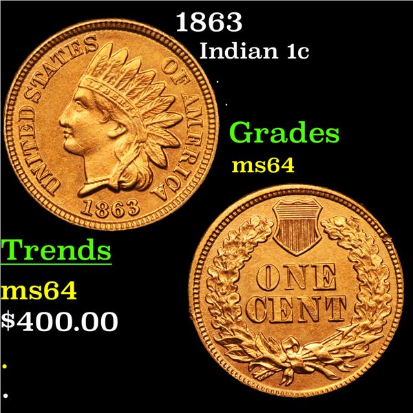 1863 Indian Cent 1c Grades Choice Unc