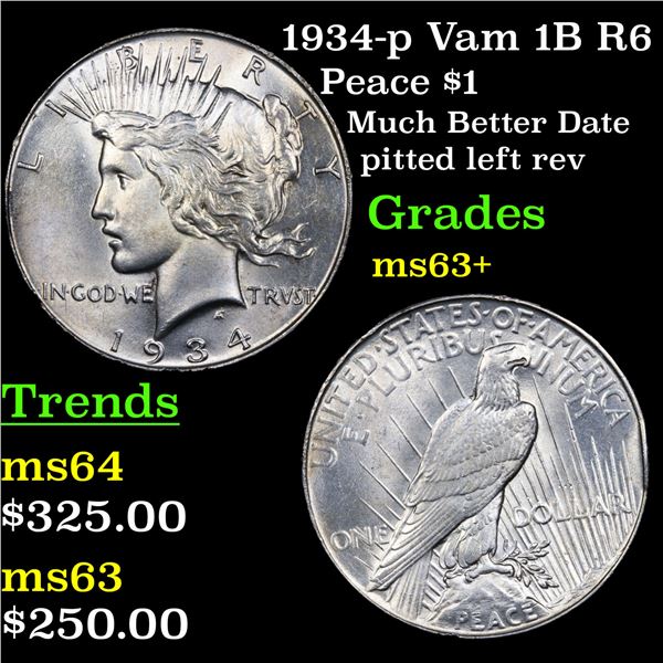 1934-p Vam 1B R6 Peace Dollar $1 Grades Select+ Unc