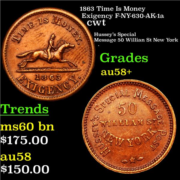 1863 Time Is Money Exigency F-NY-630-AK-1a Civil War Token 1c Grades Choice AU/BU Slider+