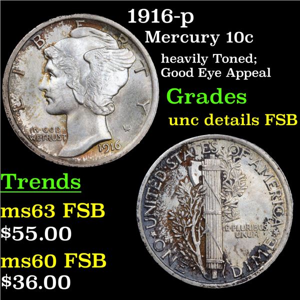 1916-p Mercury Dime 10c Grades Unc Details FSB