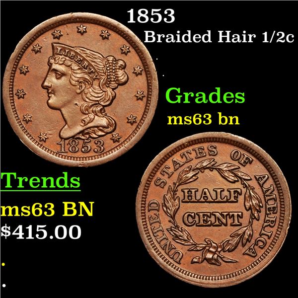 1853 Braided Hair Half Cent 1/2c Grades Select Unc BN