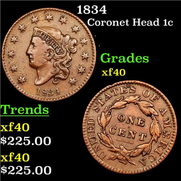1834 Coronet Head Large Cent 1c Grades xf