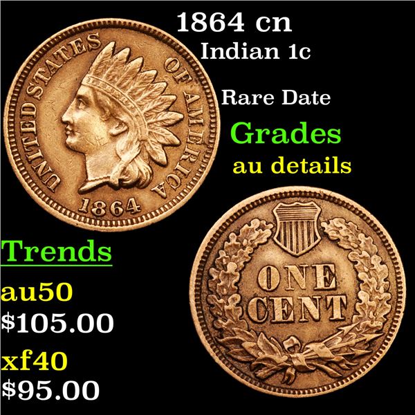 1864 cn Indian Cent 1c Grades AU Details