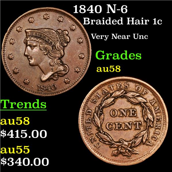 1840 N-6 Braided Hair Large Cent 1c Grades Choice AU/BU Slider