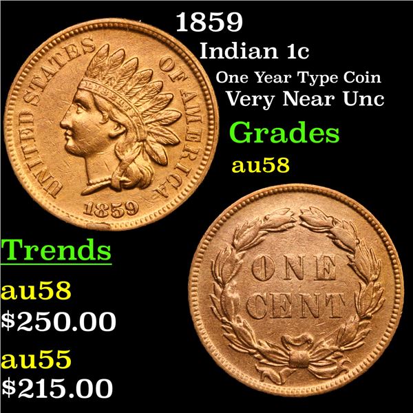 1859 Indian Cent 1c Grades Choice AU/BU Slider