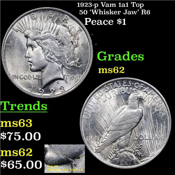 1923-p  Vam 1a1 Top 50 'Whisker Jaw' R6 Peace Dollar $1 Grades Select Unc