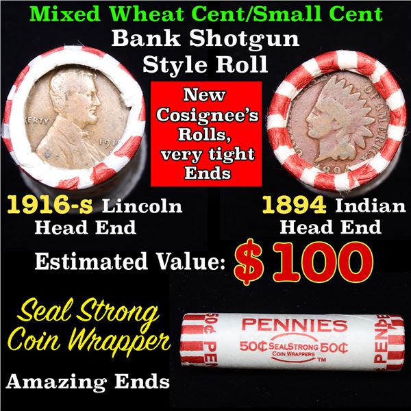 Mixed small cents 1c orig shotgun roll, 1916-s Wheat Cent, 1894 Indian cent other end, Seal Strong W