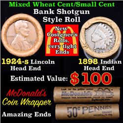 Mixed small cents 1c orig shotgun roll, 1924-s Wheat Cent, 1898 Indian cent other end, McDonalds Wra