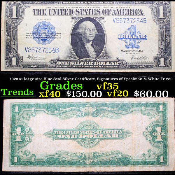 1923 $1 large size Blue Seal Silver Certificate, Signatures of Speelman & White Fr-239 Grades vf++