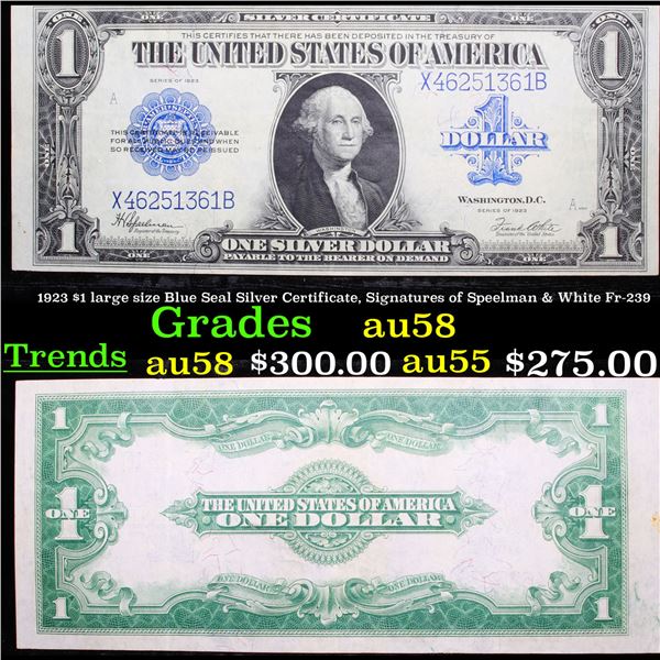 1923 $1 large size Blue Seal Silver Certificate, Signatures of Speelman & White Fr-239 Grades Choice