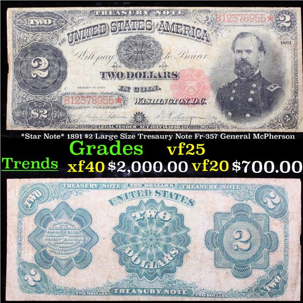 *Star Note* 1891 $2 Large Size Tresaury Note Fr-357 General McPherson  Grades vf+